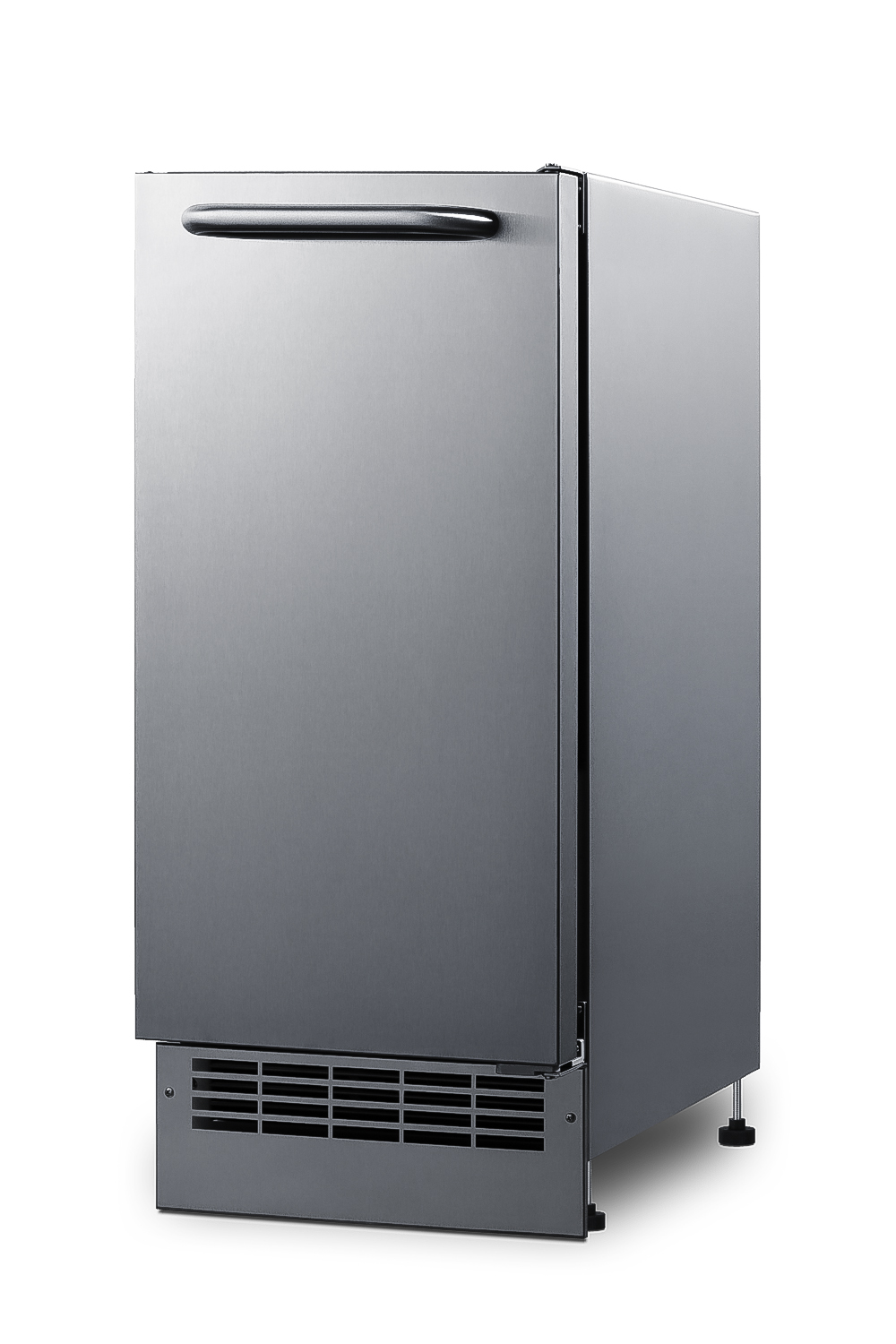 Outdoor, manual defrost icemaker wrapped in a stainless steel exterior finish; no drain required